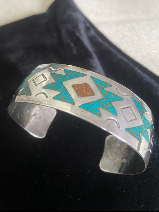 Native American Jewelry - Turquoise and Corral Inlay Sterling Silver Cuff Bracelet, Native American